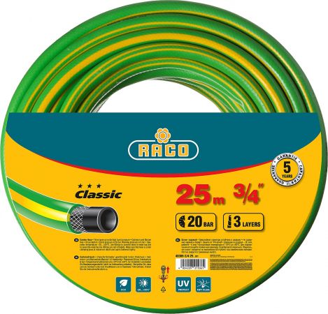 Шланг RACO CLASSIC поливочный, 20атм., армированный, 3-х слойный, 3/4"х25м