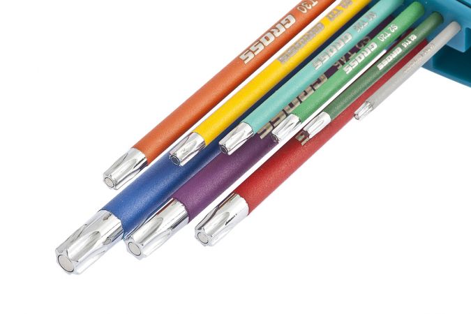 Набор ключей имбусовых Torx -TT, 9 шт: T10-T50, магнит, S2, экстра-длинные, хром/краска 9 шт Gross Набор ключей имбусовых Torx -TT, 9 шт: T10-T50, магнит, S2, экстра-длинные, хром/краска 9 шт Gross
