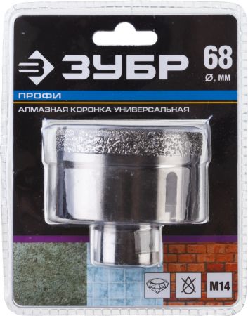Алмазная коронка ЗУБР "ПРОФЕССИОНАЛ" универсальная для УШМ, сухое сверление, алмазы на вакуумной пайке, посадка М14, d=68мм Алмазная коронка ЗУБР "ПРОФЕССИОНАЛ" универсальная для УШМ, сухое сверление, алмазы на вакуумной пайке, посадка М14, d=68мм