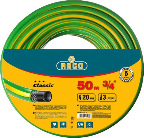 Шланг RACO CLASSIC поливочный, 20атм., армированный, 3-х слойный, 3/4"х50м