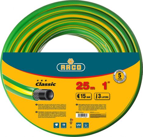 Шланг RACO CLASSIC поливочный, 15атм., армированный, 3-х слойный, 1"х25м Шланг RACO CLASSIC поливочный, 15атм., армированный, 3-х слойный, 1"х25м