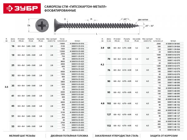 Саморезы ЗУБР универсальные фосфатированные по дереву/металлу, PH2, 4,2х75мм, ТФ0, 1200шт Саморезы ЗУБР универсальные фосфатированные по дереву/металлу, PH2, 4,2х75мм, ТФ0, 1200шт