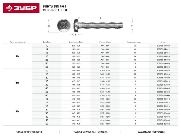 Винт DIN 7985 M4x30мм, 10шт, кл. пр. 4.8, оцинкованный, ЗУБР