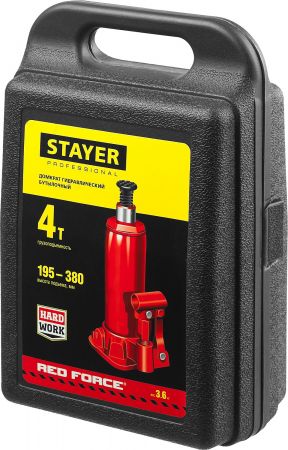 STAYER RED FORCE 4т 194-372мм домкрат бутылочный гидравлический в кейсе STAYER RED FORCE 4т 194-372мм домкрат бутылочный гидравлический в кейсе