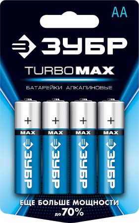 Батарейка ЗУБР TURBO MAX щелочная (алкалиновая), тип AA, 1,5В, 4шт на карточке 