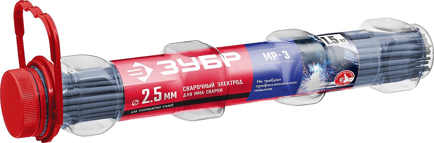 ЗУБР электрод сварочный МР-3 с рутиловым покрытием, для ММА сварки, d 2,5 х 350 мм, 1,5 кг в ПВХ тубе.