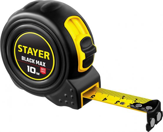 STAYER BlackMax 10м / 25мм рулетка в ударостойком полностью обрезиненном корпусе  и двумя фиксаторами