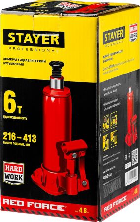 STAYER RED FORCE 6т 216-413мм домкрат бутылочный гидравлический STAYER RED FORCE 6т 216-413мм домкрат бутылочный гидравлический