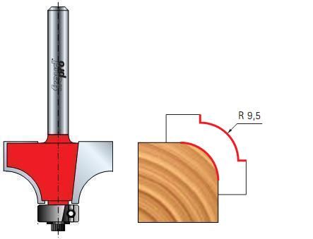 Фреза полукруглая вогнутая с подшипником 31,8 х 17,5 мм, R=9,5, L=58,0 мм с хв. 8 мм /Freud Pro/