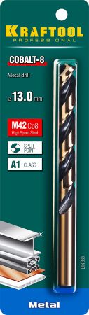 KRAFTOOL COBALT 13.0 х151мм, Сверло по металлу HSS-Co(8%) , сталь М42(S2-10-1-8)