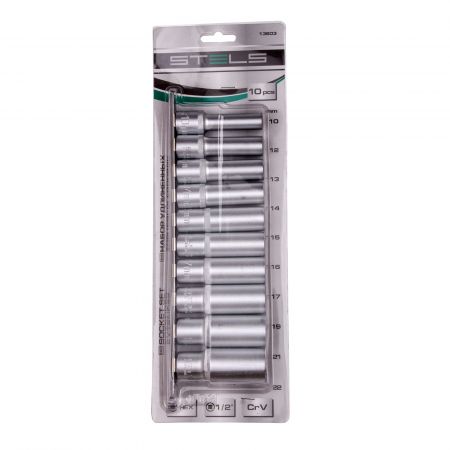 Набор удлиненных торцевых головок 1/2", шестигранные, CrV, 10 шт, 10-22 мм Stels Набор удлиненных торцевых головок 1/2", шестигранные, CrV, 10 шт, 10-22 мм Stels