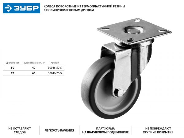 Колесо поворотное d=75 мм, г/п 60 кг, термопластич. резина/полипропилен, ЗУБР Профессионал Колесо поворотное d=75 мм, г/п 60 кг, термопластич. резина/полипропилен, ЗУБР Профессионал