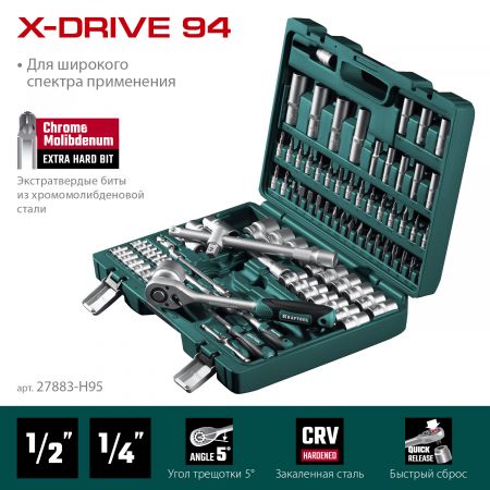 KRAFTOOL X-Drive 94, 94 предм., (1/2″+1/4″), универсальный набор инструмента (27883-H95)