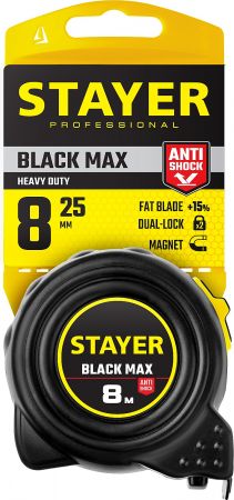 STAYER BlackMax 8м / 25мм рулетка в ударостойком полностью обрезиненном корпусе и двумя фиксаторами STAYER BlackMax 8м / 25мм рулетка в ударостойком полностью обрезиненном корпусе и двумя фиксаторами