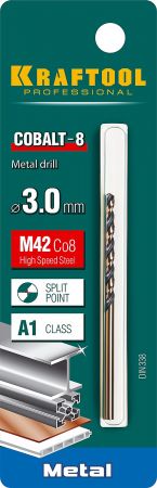 KRAFTOOL COBALT 3.0 х61мм, Сверло по металлу HSS-Co(8%) , сталь М42(S2-10-1-8) KRAFTOOL COBALT 3.0 х61мм, Сверло по металлу HSS-Co(8%) , сталь М42(S2-10-1-8)