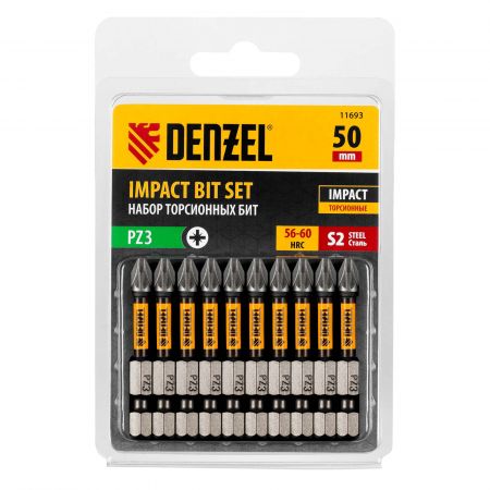 Бита IMPACT, PZ3x50 мм, лазерная обработка шлица, сталь S2, 10 шт., Е 6,3 Denzel Бита IMPACT, PZ3x50 мм, лазерная обработка шлица, сталь S2, 10 шт., Е 6,3 Denzel