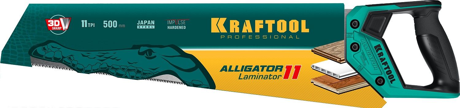 Ножовка по ламинату "Alligator LAMINATOR 11", 500 мм, 11 TPI 3D зуб, KRAFTOOL Ножовка по ламинату "Alligator LAMINATOR 11", 500 мм, 11 TPI 3D зуб, KRAFTOOL