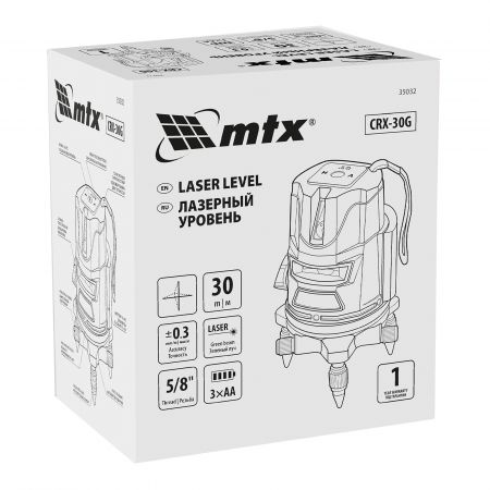 Лазерный уровень CRX-30G, 30 м, зеленый луч, батарейки, резьба 5/8" MTX Лазерный уровень CRX-30G, 30 м, зеленый луч, батарейки, резьба 5/8" MTX
