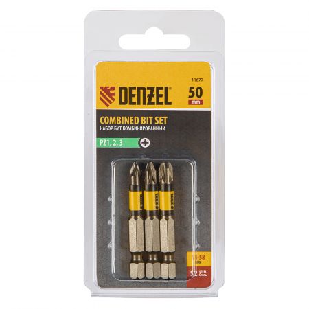 Набор бит комбинированный 3 шт., PZ1, PZ2, PZ3, 50 мм, сталь S2 Denzel Набор бит комбинированный 3 шт., PZ1, PZ2, PZ3, 50 мм, сталь S2 Denzel
