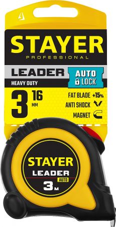STAYER LEADER 3м / 16мм рулетка с автостопом в ударостойком обрезиненном корпусе