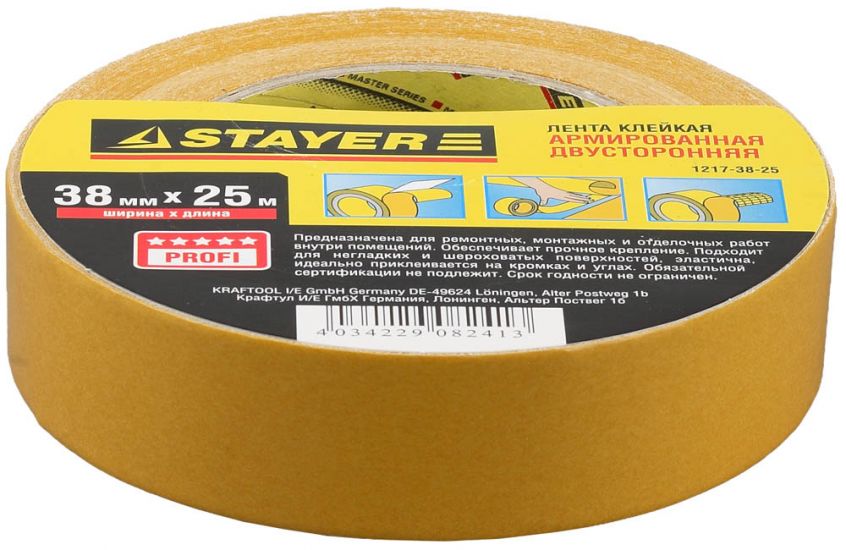 Лента STAYER PROFI клейкая, двусторонняя, на тканевой основе, 38мм х 25м 