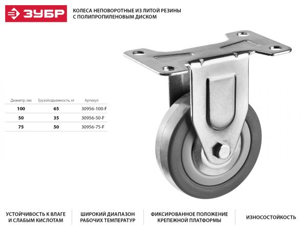Колесо неповоротное d=50 мм, г/п 35 кг, резина/полипропилен, ЗУБР
