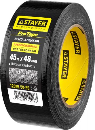 Армированная лента, STAYER Professional 12086-50-50, универсальная, влагостойкая, 48мм х 45м, черная Армированная лента, STAYER Professional 12086-50-50, универсальная, влагостойкая, 48мм х 45м, черная