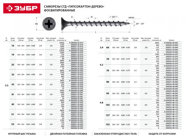 Саморезы СГД гипсокартон-дерево, 95 x 4.8 мм, 350 шт, фосфатированные, ЗУБР Профессионал