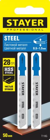 Полотна STAYER, T118G, для эл/лобзика, HSS, по металлу (0,5-1,5мм), T-хвост., шаг 1,1мм, 50мм, 2шт