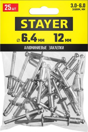 Алюминиевые заклепки Pro-FIX, 6.4 х 12 мм, 25 шт., STAYER Professional Алюминиевые заклепки Pro-FIX, 6.4 х 12 мм, 25 шт., STAYER Professional
