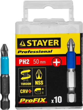 Биты STAYER PROFESSIONAL ProFix Phillips, тип хвостовика E 1/4, № 2, L=50мм, 10шт