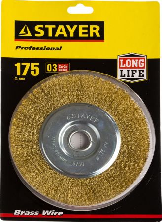 STAYER "PROFESSIONAL". Щетка дисковая для УШМ, витая стальная латунированная проволока 0,3мм, 175ммх22мм