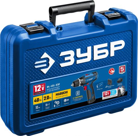 ЗУБР 12В + LED фонарь, 2 АКБ (2Ач), в кейсе, дрель-шуруповерт, Профессионал. DL-121-22F ЗУБР 12В + LED фонарь, 2 АКБ (2Ач), в кейсе, дрель-шуруповерт, Профессионал. DL-121-22F
