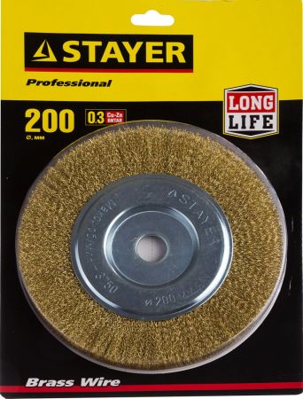 STAYER "PROFESSIONAL". Щетка дисковая для УШМ, витая стальная латунированная проволока 0,3мм, 200ммх22мм