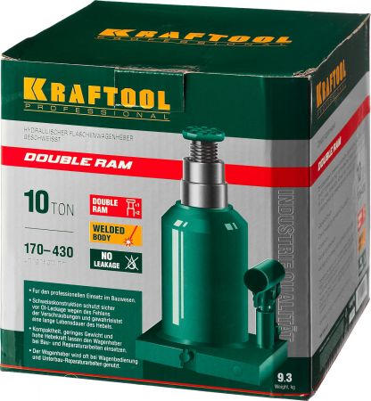 KRAFTOOL DOUBLE RAM 10т 170-430мм домкрат двухштоковый бутылочный с увеличенным подъемом, KRAFT BODY