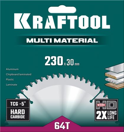 KRAFTOOL Multi Material, 230 х 30 мм, 64Т, пильный диск по алюминию (36953-230-30)