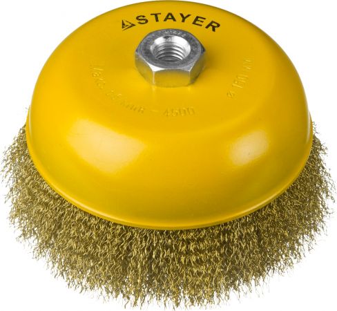 STAYER "PROFESSIONAL". Щетка чашечная для УШМ, витая стальная латунированная проволока 0,3мм, 150ммхМ14 STAYER "PROFESSIONAL". Щетка чашечная для УШМ, витая стальная латунированная проволока 0,3мм, 150ммхМ14
