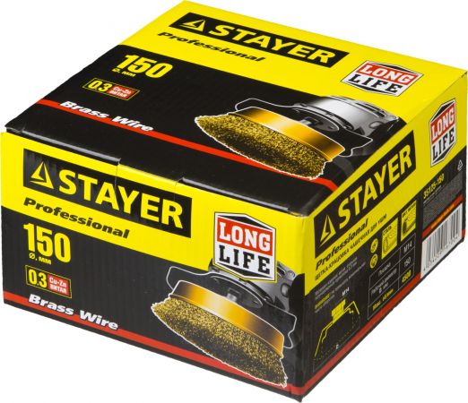 STAYER "PROFESSIONAL". Щетка чашечная для УШМ, витая стальная латунированная проволока 0,3мм, 150ммхМ14 STAYER "PROFESSIONAL". Щетка чашечная для УШМ, витая стальная латунированная проволока 0,3мм, 150ммхМ14