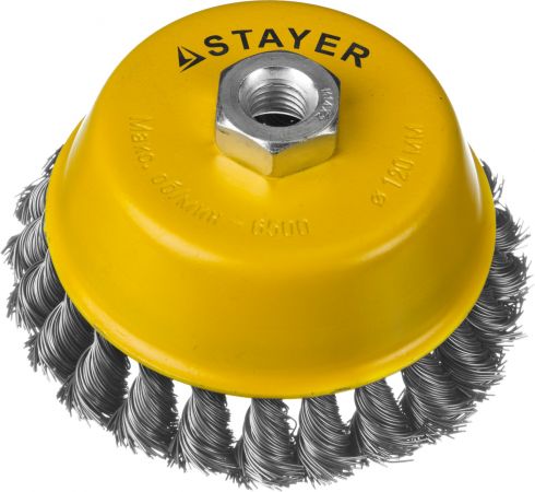 STAYER "PROFESSIONAL". Щетка чашечная для УШМ, жгутированная стальная проволока 0,5мм, 120ммхМ14 STAYER "PROFESSIONAL". Щетка чашечная для УШМ, жгутированная стальная проволока 0,5мм, 120ммхМ14