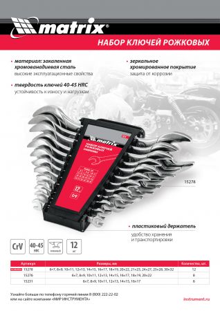 Набор ключей рожковых, 6 х 32 мм, 12 шт., CrV, хромированные Matrix Набор ключей рожковых, 6 х 32 мм, 12 шт., CrV, хромированные Matrix