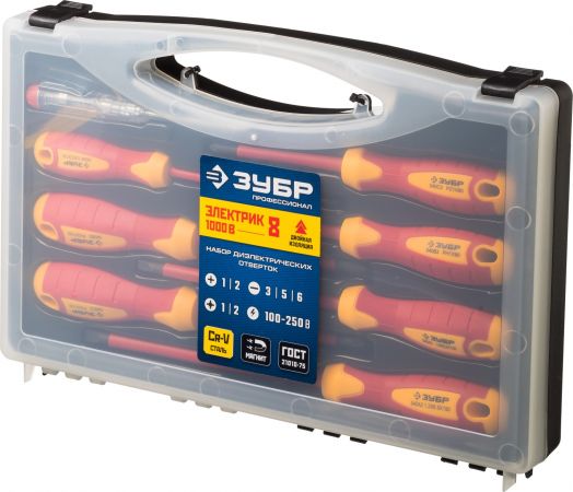 Набор: Отвертки SL 3, 5, 6 / PH 1, 2 / PZ 1, 2, тестер 100-250 В, ЗУБР "ПРОФЕССИОНАЛ" 25268, в кейсе, 8 предметов Набор: Отвертки SL 3, 5, 6 / PH 1, 2 / PZ 1, 2, тестер 100-250 В, ЗУБР "ПРОФЕССИОНАЛ" 25268, в кейсе, 8 предметов