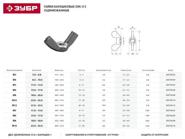 Гайка DIN 315 барашковая, M3, 5 кг, оцинкованная, ЗУБР