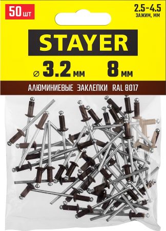Алюминиевые заклепки Color-FIX, 3.2 х 8 мм, RAL 8017 шоколадно-коричневый, 50 шт., STAYER Professional Алюминиевые заклепки Color-FIX, 3.2 х 8 мм, RAL 8017 шоколадно-коричневый, 50 шт., STAYER Professional
