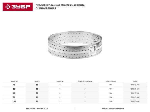 Перфорированная монтажная лента ПЛ-2.0, 40х2мм, 10м, ЗУБР