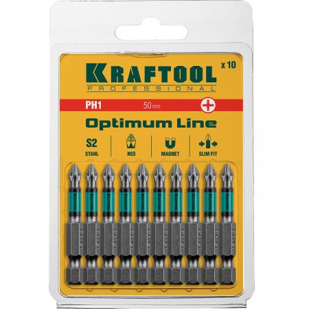 Optimum Line Биты, PH1, 50 мм, тип хвостовика E 1/4", 10 шт в блистере, KRAFTOOL Optimum Line Биты, PH1, 50 мм, тип хвостовика E 1/4", 10 шт в блистере, KRAFTOOL