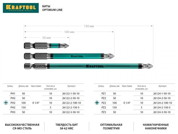 Optimum Line Биты, PH1, 50 мм, тип хвостовика E 1/4", 10 шт в блистере, KRAFTOOL Optimum Line Биты, PH1, 50 мм, тип хвостовика E 1/4", 10 шт в блистере, KRAFTOOL