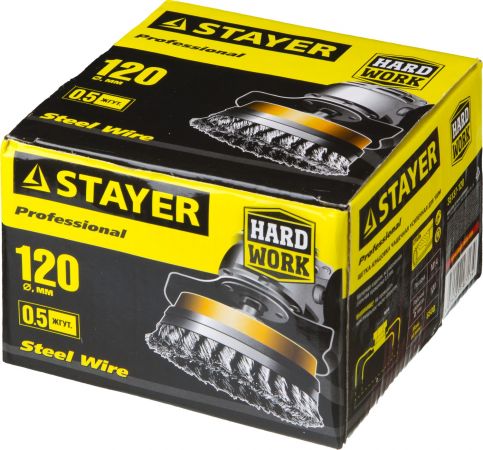 STAYER "PROFESSIONAL". Щетка чашечная усиленная для УШМ, жгутированная стальная проволока 0,5мм, 120ммхМ14 STAYER "PROFESSIONAL". Щетка чашечная усиленная для УШМ, жгутированная стальная проволока 0,5мм, 120ммхМ14