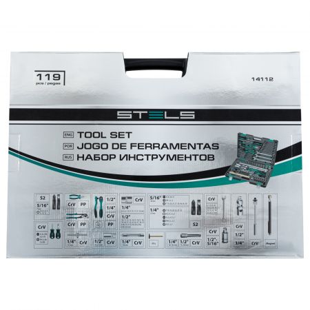 Набор инструмента, 1/4, 1/2, Cr-V, S2, усиленный кейс, 119 предметов Stels