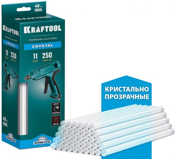 KRAFTOOL Cristal кристально прозрачные клеевые стержни, d 11 x 250 мм (11-12 мм)  40 шт. 1 кг
