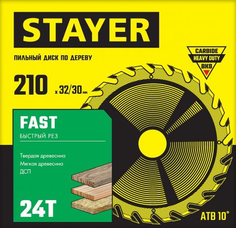 STAYER FAST 210 x 32/30мм 24Т, диск пильный по дереву, быстрый рез